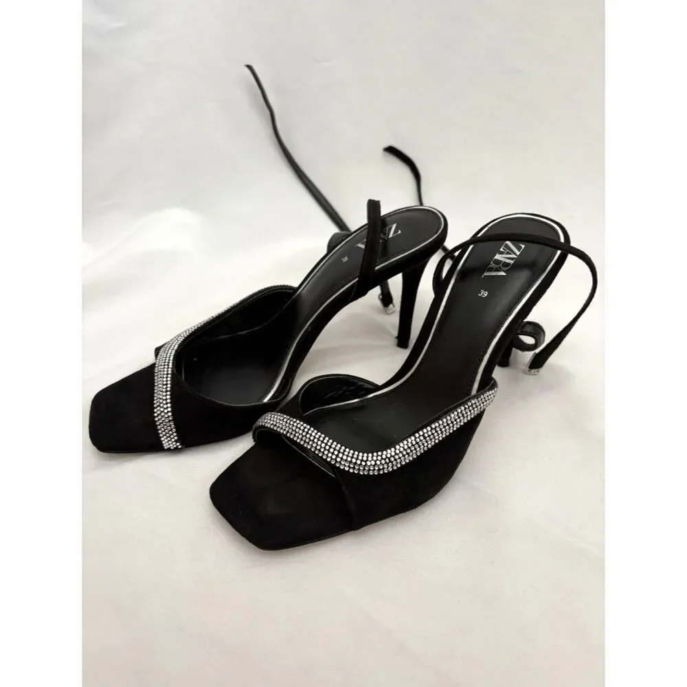 Zara Black Suede Rhinestone Detailed Heels Strappy Size 8.5 EU 39 Classy Formal